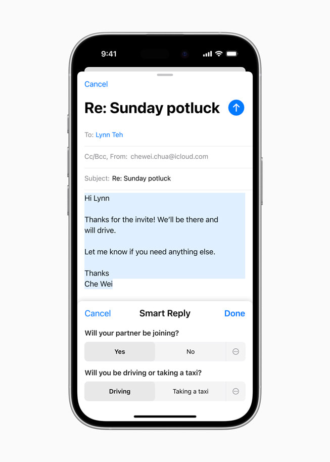 iPhone 16 shows a Smart Reply screen with prompts asking if the user’s partner will be joining and if the user will be driving or taking an Uber.