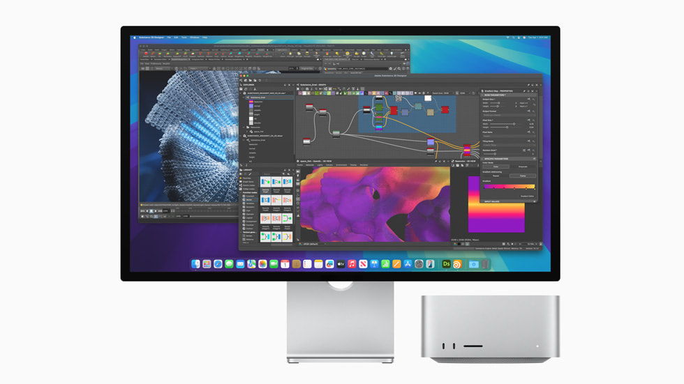 Mac Studio next to a Studio Display showing an Adobe Substance project onscreen.
