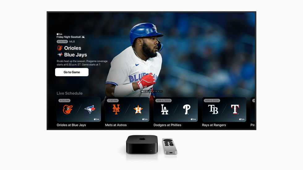 The main screen for “Friday Night Baseball” on a television with an Apple TV and Siri Remote. 