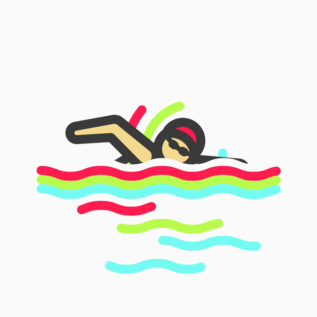 An illustrated icon of a person swimming.