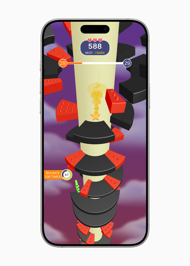 Art from Helix Jump+ by Voodoo and Orbital Knight displayed on iPhone 16 Pro Max.