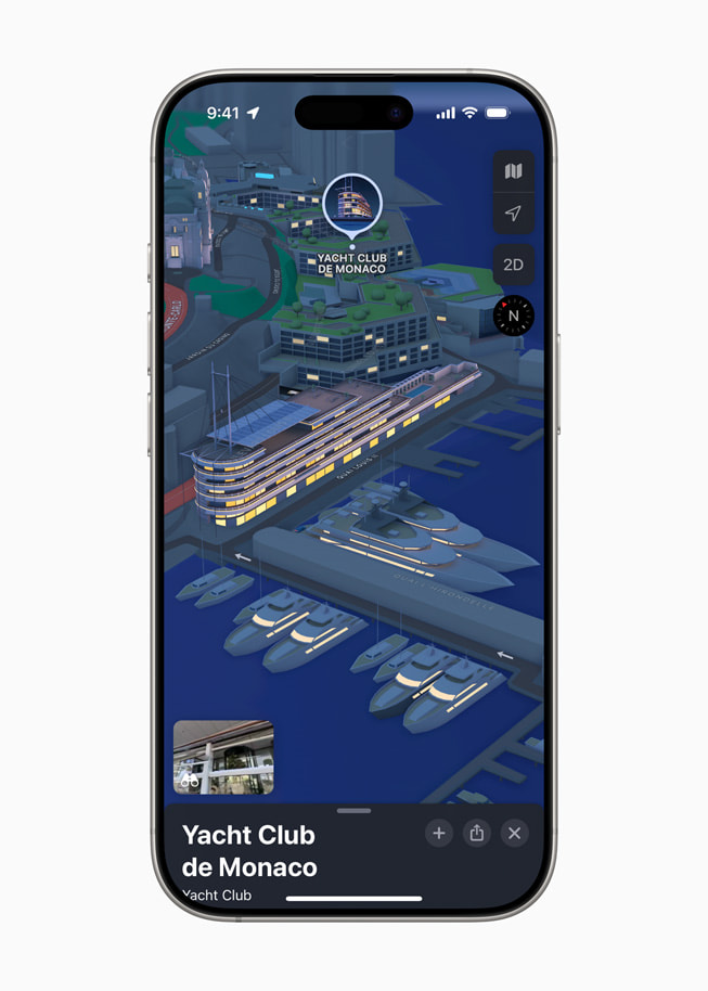 Sur un iPhone 16 Pro, Apple Plans affiche un point de repère en 3D du Yacht Club de Monaco.