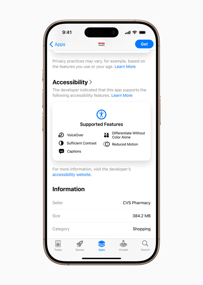 On the App Store, the CVS Health app’s product page shows Accessibility Nutrition Labels.