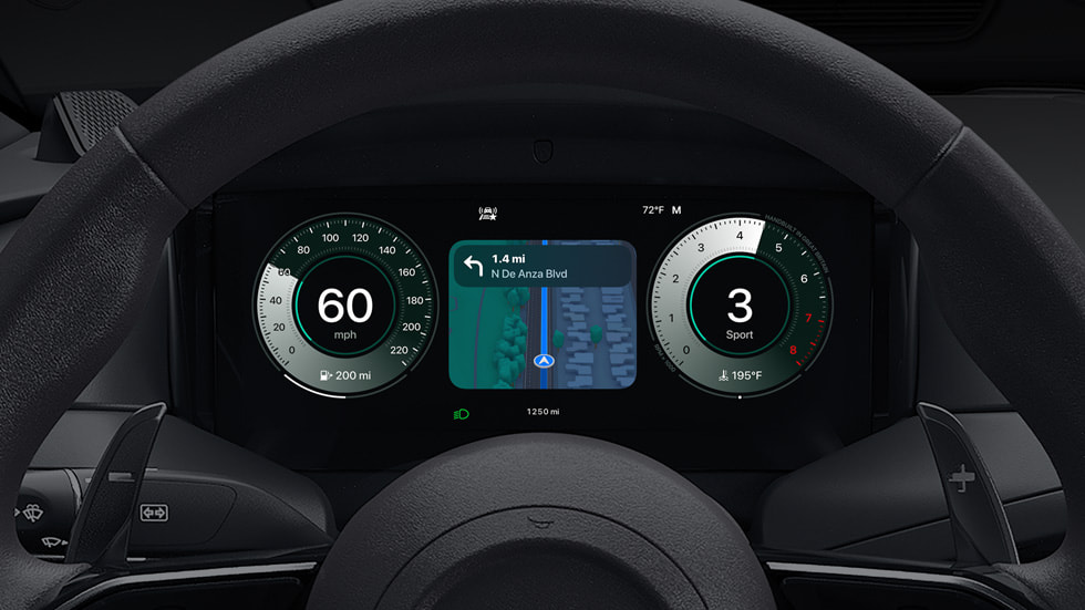 A CarPlay Ultra screen shows Maps in the instrument cluster of an Aston Martin.