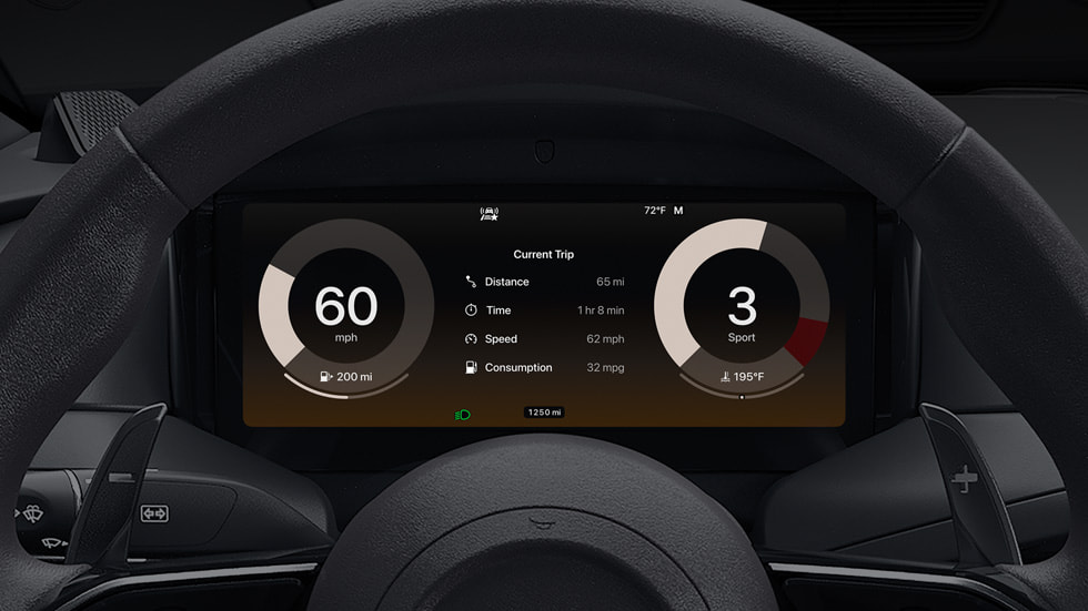 A CarPlay Ultra instrument cluster theme shows thick grey bars on the speedometer and tachometer.