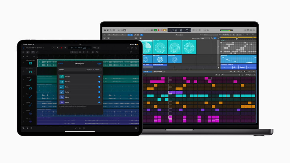 New Logic Pro updates are shown on iPad and Mac.