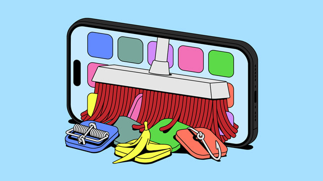 Ilustración del proceso de revisión de apps que muestra una escoba barriendo las apps problemáticas.