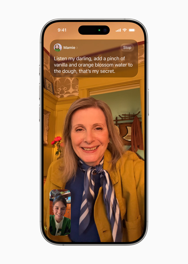 Traducere în timp real în aplicația FaceTime este redată pe un iPhone 16 Pro.