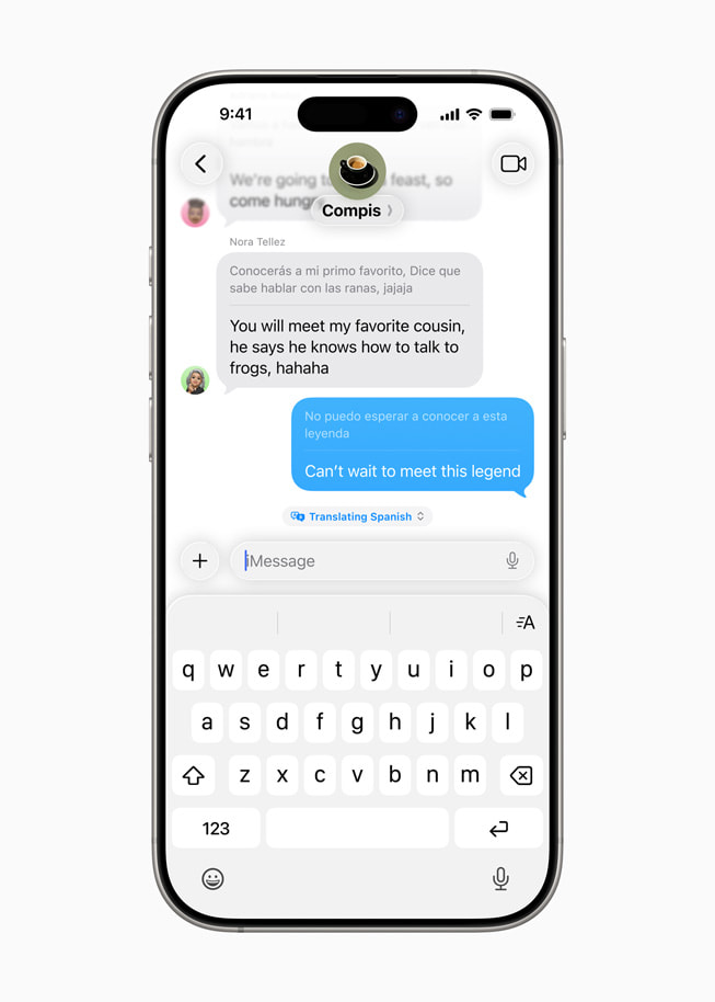 Traducere în timp real în aplicația Mesaje este redată pe un iPhone 16 Pro.