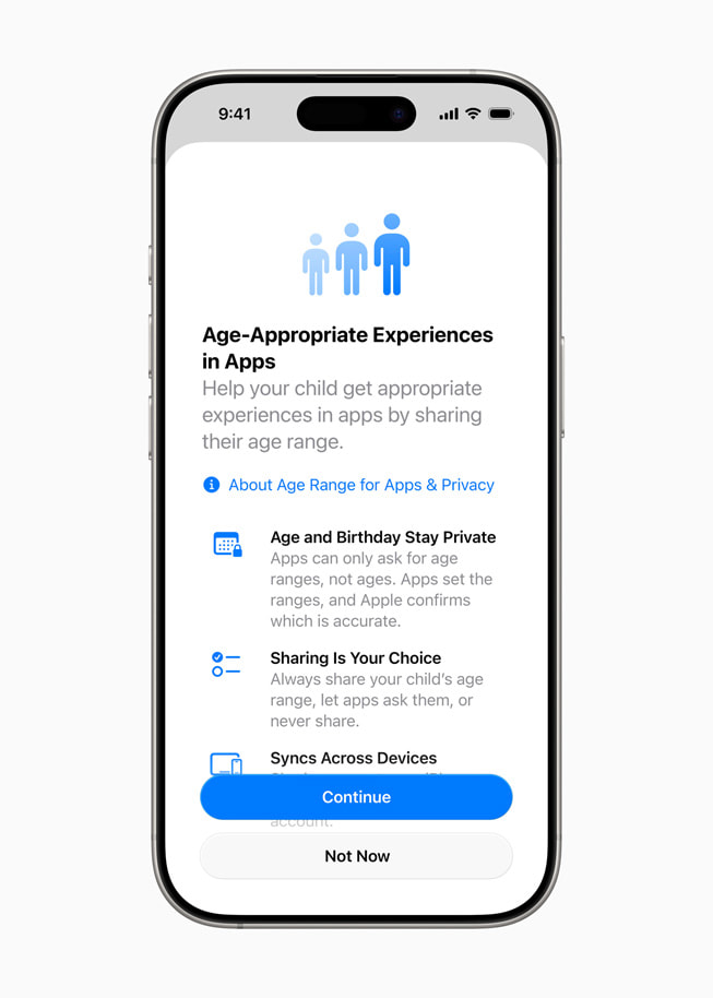 Meniul de conturi pentru copii este redat pe iPhone 16 Pro, cu un text "Experiențe adecvate vârstei în Apps.”