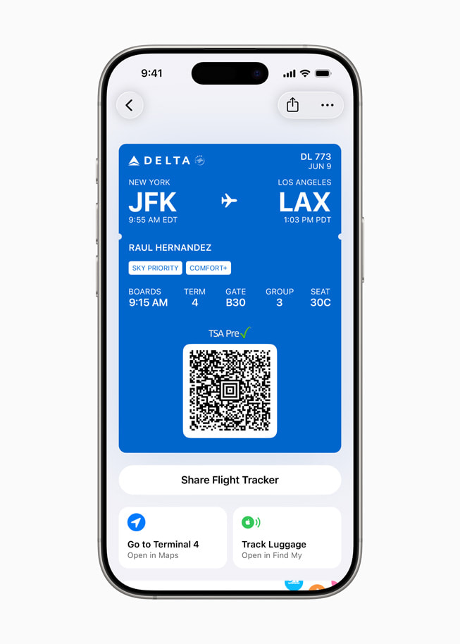 Überarbeitete Bordkarte in Apple Wallet auf dem iPhone 16 Pro.