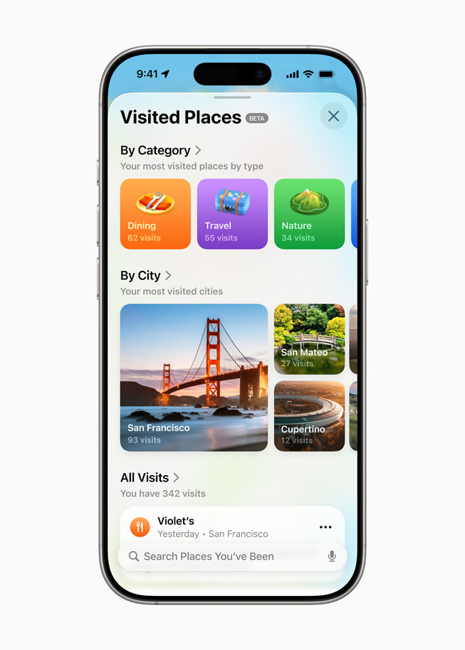 ภาพแสดง Visited Places ของผู้ใช้ใน Apple Maps บน iPhone 16 Pro