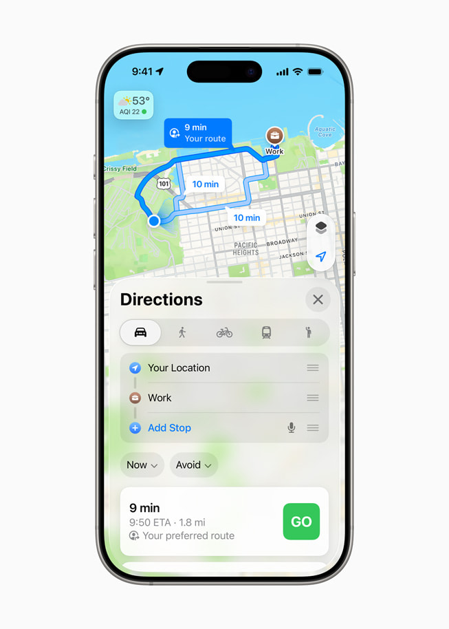 ภาพแสดงแสดงเส้นทางที่ผู้ใช้เลือกใช้ประจำเมื่อไปทำงานใน Apple Maps บน iPhone 16 Pro