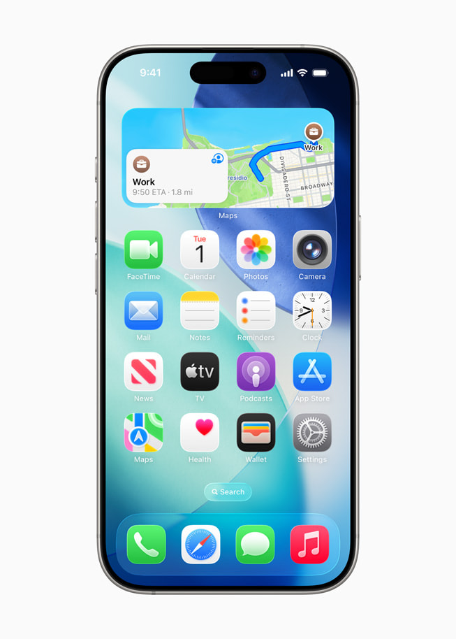 วิดเจ็ดในแอปแผนที่บน iPhone 16 Pro แสดงให้ผู้ใช้เห็นระยะเวลาในการเดินทางไปยังที่ทำงานโดยประมาณ