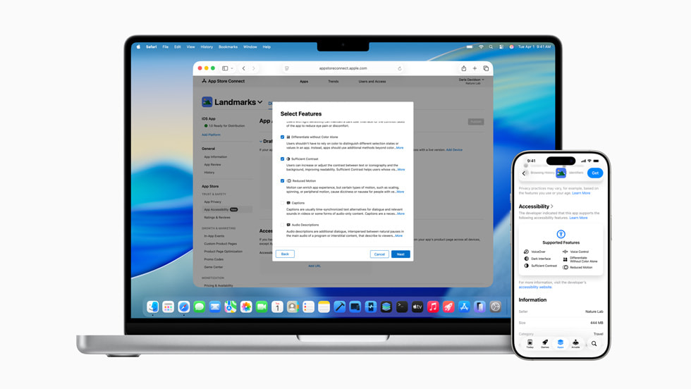 An Accessibility Nutrition Label screen shown on 16-inch MacBook Pro and iPhone 16 Pro.