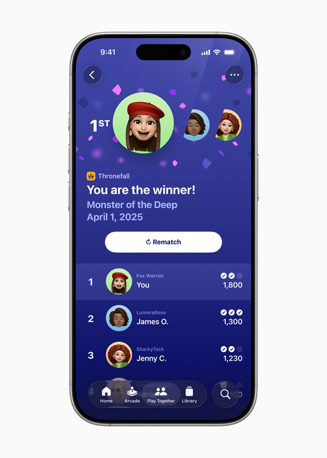 Das Leaderboard nach einer Challenge zwischen Freund:innen in der Apple Games App auf einem iPhone 16 Pro.