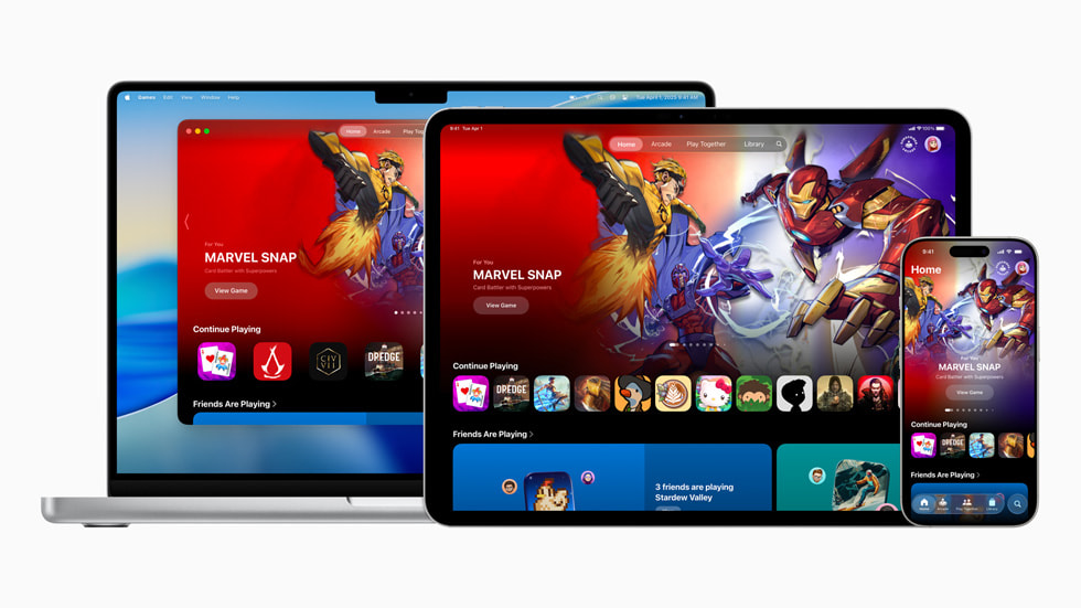 Apple Games auf einem MacBook Pro, iPad und iPhone 16 Pro.