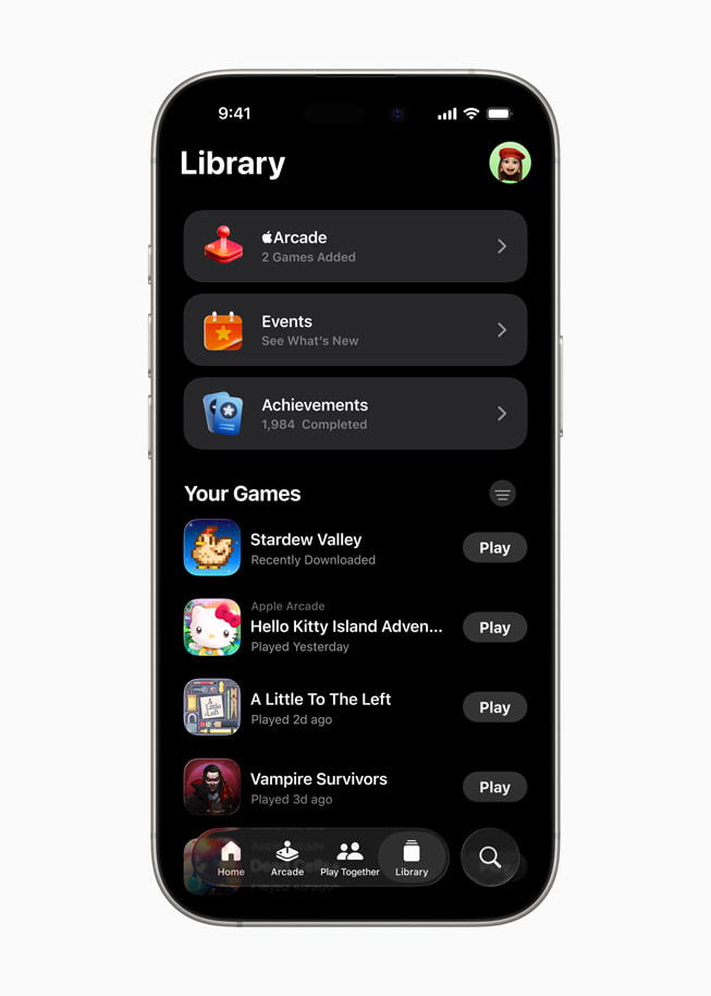 Der Library Tab in Apple Games auf einem iPhone 16 Pro. 