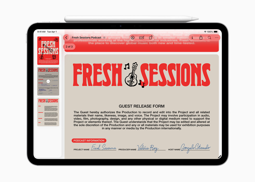 An iPad device with Apple Pencil sitting on top shows the Preview app with an open PDF.