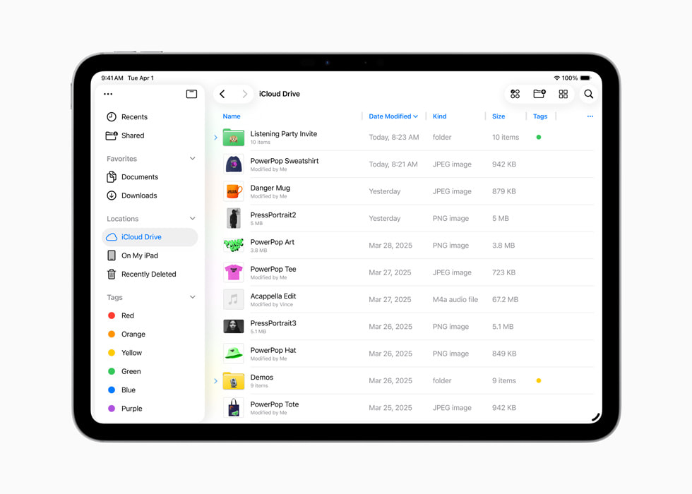 The new List View is shown in the Files app.