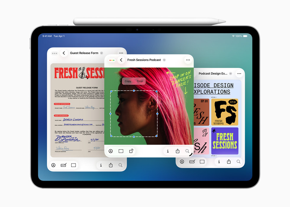 An iPad device with Apple Pencil sitting on top shows the Preview app with three open windows.
