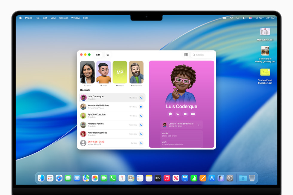 Una MacBook Pro de 16 pulgadas muestra una lista de llamadas recientes en la app Teléfono.
