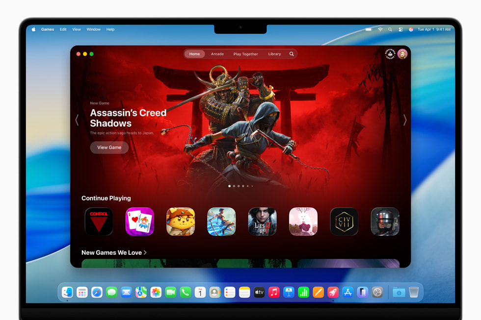 La app Juegos muestra una pantalla de Assassin’s Creed Shadows en una MacBook Pro de 16 pulgadas. 