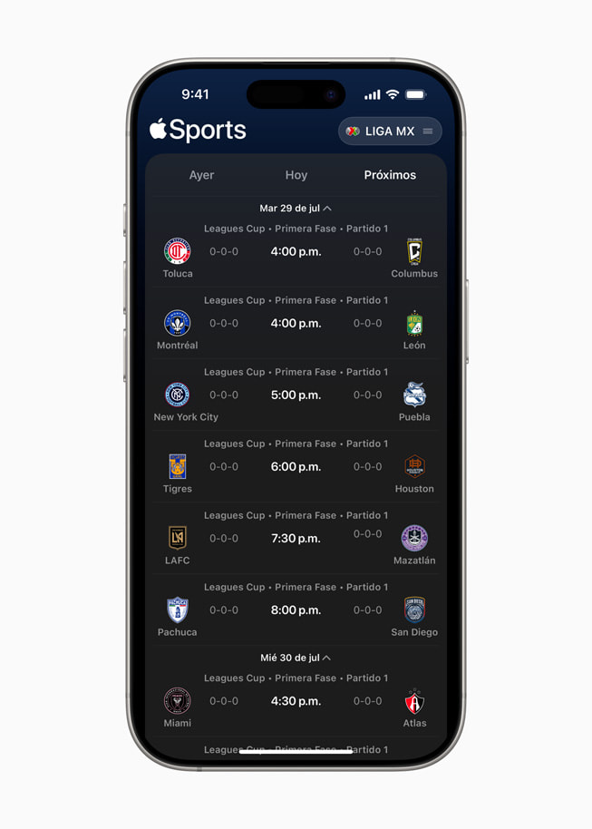 Imagen de la pestaña Upcoming en la app Apple Sports en un iPhone.
