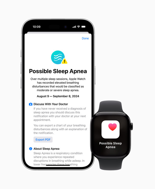 Tính năng thông báo ngưng thở khi ngủ mới trên iPhone 16 Pro và Apple Watch Series 10.