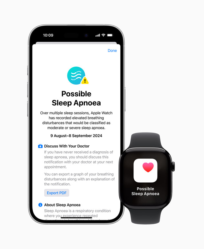 The new sleep apnoea notification feature displayed on Apple Watch Series 10 and iPhone 16 Pro.