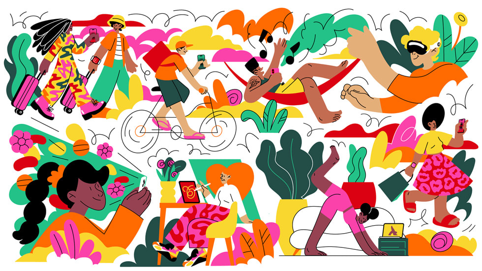 Uma ilustração com várias pessoas caminhando, andando de bicicleta, fazendo exercícios e sentadas à mesa. Todas usam alguma tecnologia da Apple.