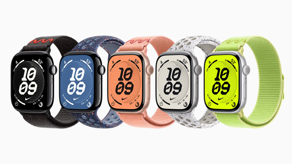 En række farver til Nike Sportsremmen på Apple Watch Series 11.
