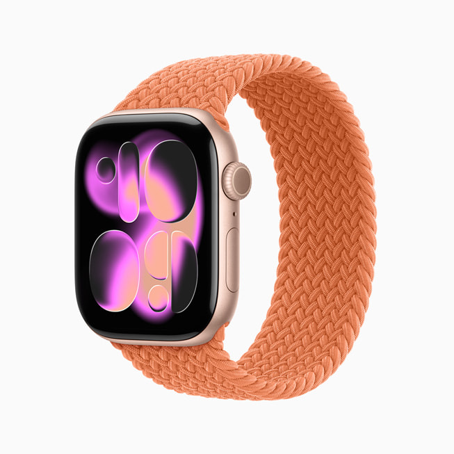 Apple Watch Series 11 vist i aluminium i farven rosaguld.