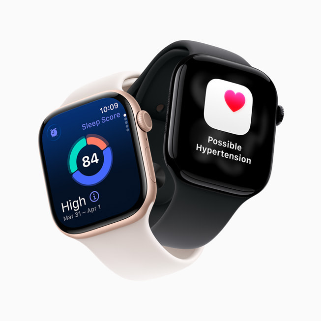 To skrå Apple Watch Series 11-enheder, der viser de nye funktioner Søvnresultat og notifikationer om forhøjet blodtryk.