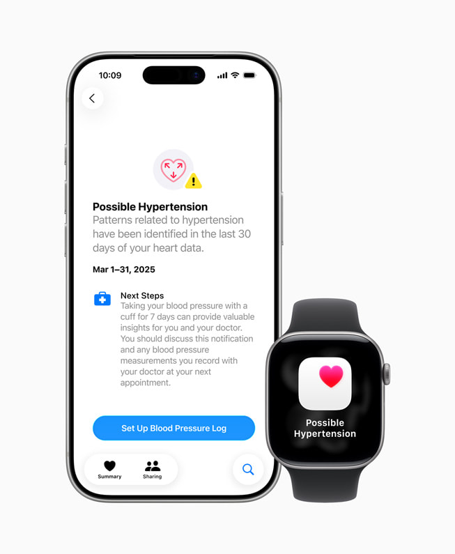 En brugers iPhone og Apple Watch Series 11 viser en notifikation om muligt forhøjet blodtryk og tilbyder flere oplysninger.