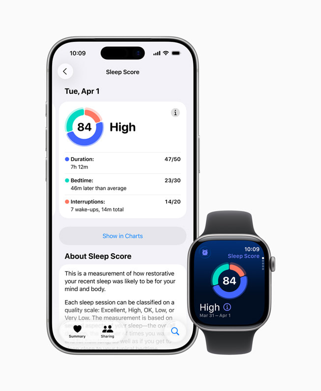 iPhone og Apple Watch Series 11 viser en brugers søvnresultat.