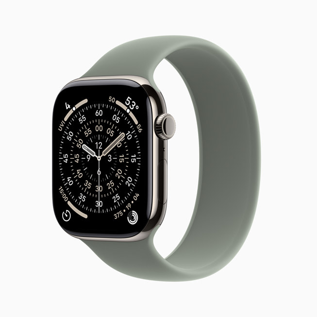 Apple Watch Series 11 vist i titanium i farven naturlig.