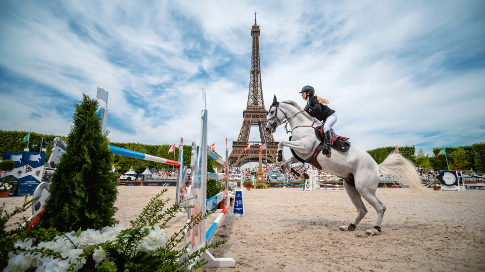 An image still of an equestrian competition in Paris from the immersive film “Experience Paris.”