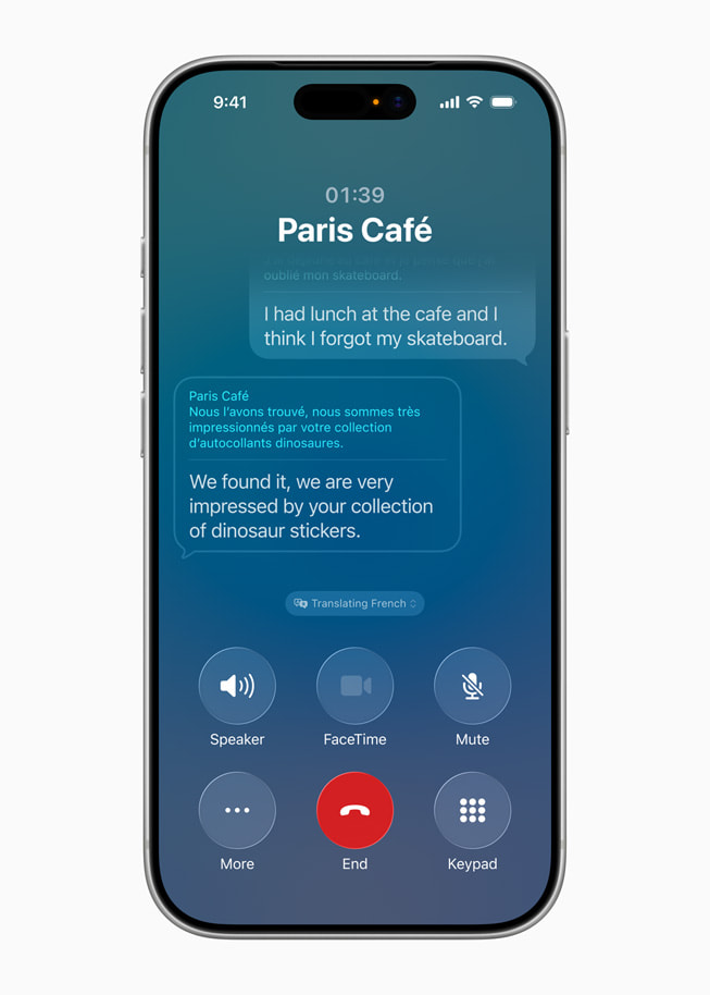 iPhone 17 Pro shows a phone call with translations on the screen.
