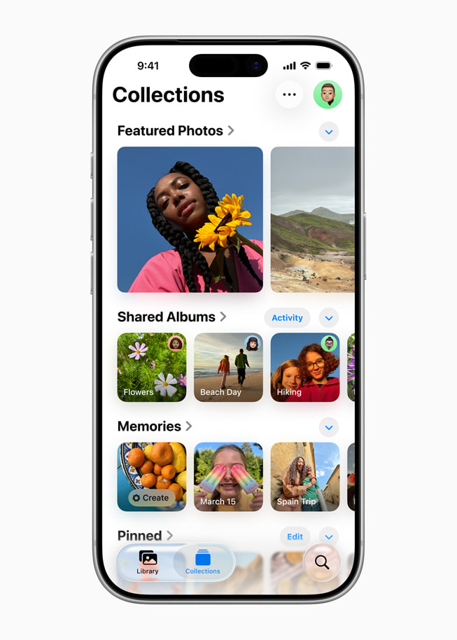 iPhone 17 Pro shows the Photos app with various Collections, including Featured Photos, Shared Albums, Memories, and Pinned photos.