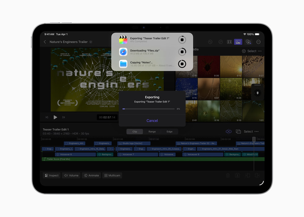 iPad Pro shows tasks running in the background, including in-progress exporting, downloading, and copying.