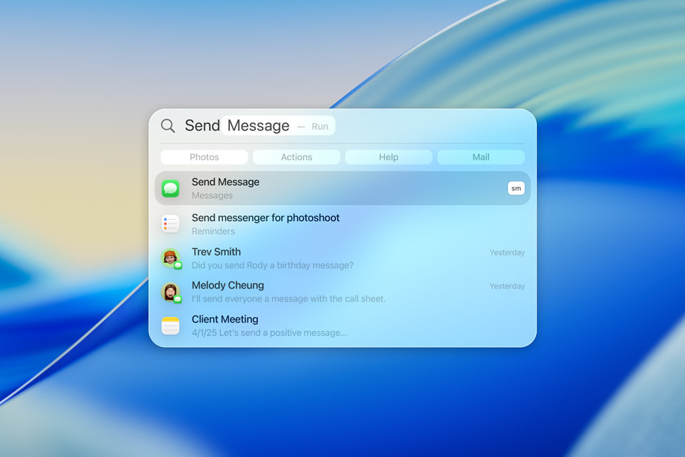 A Spotlight screen shows quick keys for “Send Message.”