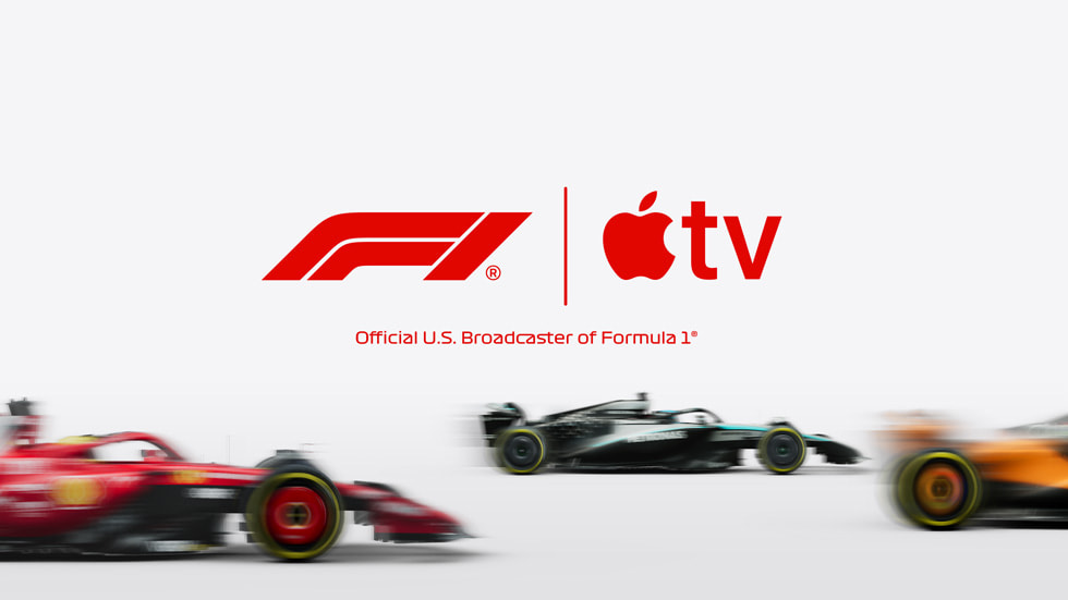 The F1 and Apple TV logos are shown above images of Formula 1 cars.