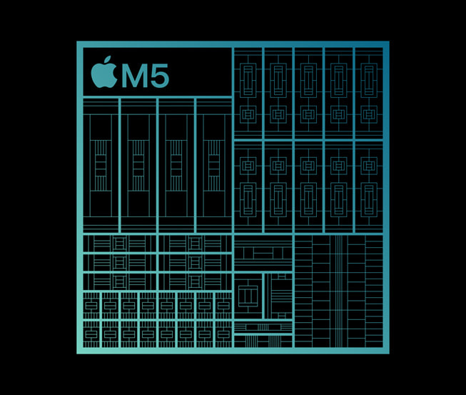 A graphic representation of Apple’s M5 chip against a black background.