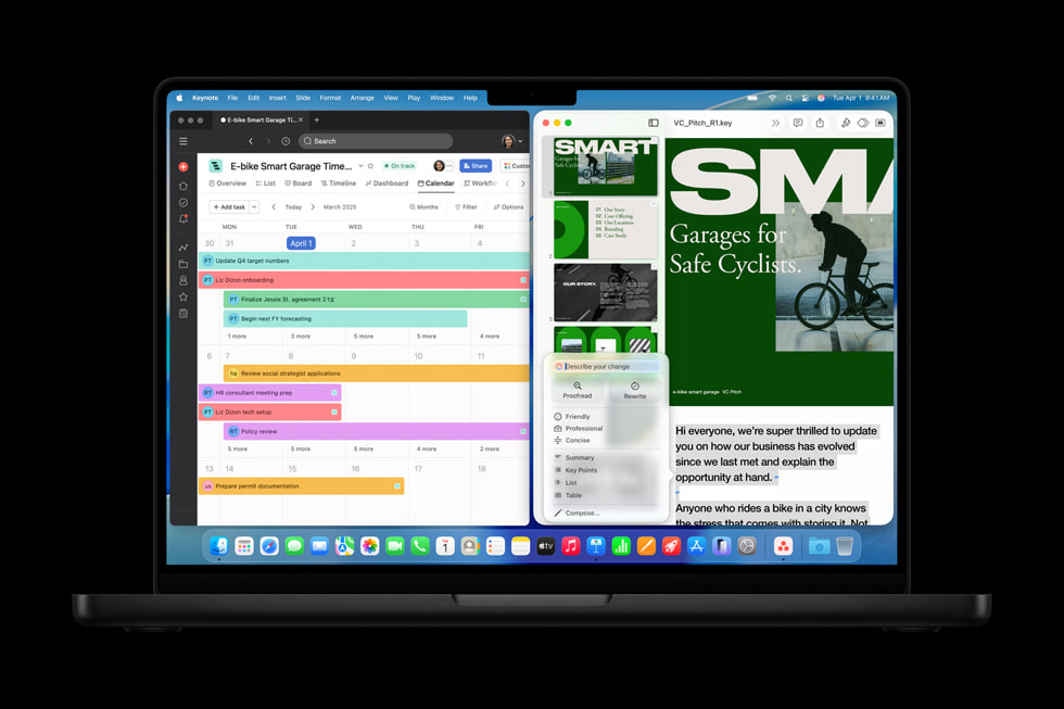 MacBook Pro shows Asana and Keynote screens, open in two different windows.