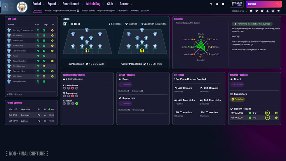 An overview of match day standings in Football Manager 26 Touch.