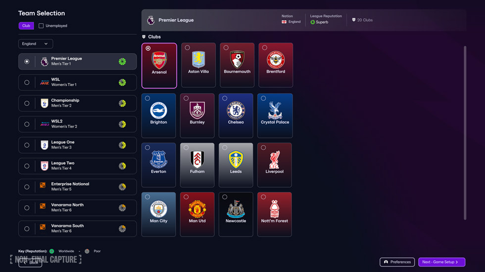English Premier League overview in Football Manager 26 Touch.