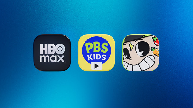 Trois icônes représentant HBO Max, PBS KIDS Video et Super Farming Boy.