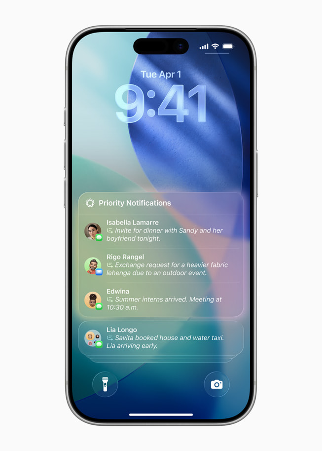 iPhone shows Priority Notifications, including a dinner invite and an update about an Instacart order, on the Lock Screen.
