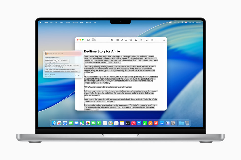 MacBook med ChatGPT i Compose visar ett förslag på en godnattsaga.
